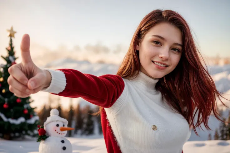 photo of a 18 year old girl,pointing at viewer,happy,santa clausâs outfit,red coat,red hat,red trousers,christmas theme,christ...