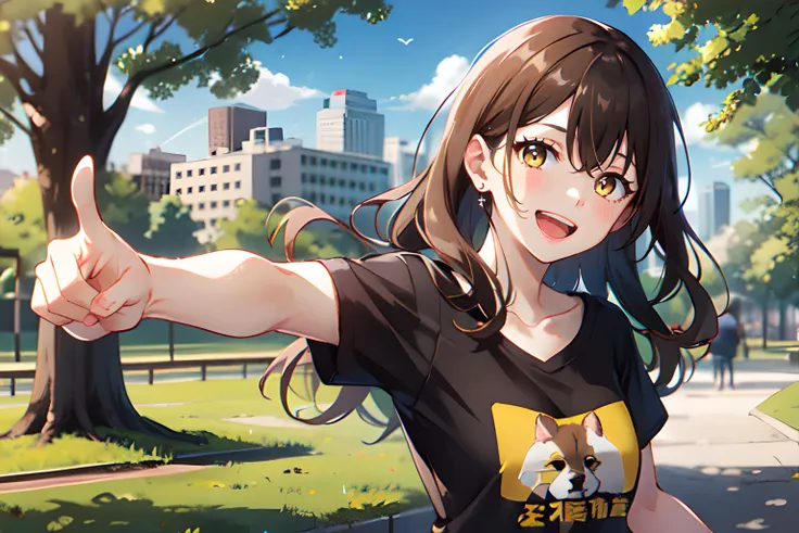 1girl, pointing at viewer, long hair, brown hair, yellow eyes, black shirt, t-shirt, short sleeves, collarbone, open mouth, smil...