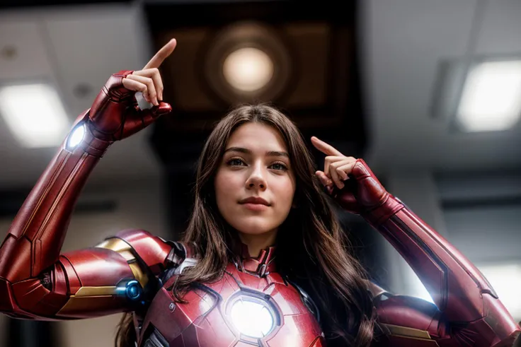 marvel movies,from below,photo of a 18 year old girl,ironman,pointing at viewer,happy,ray tracing,detail shadow,shot on fujifilm...