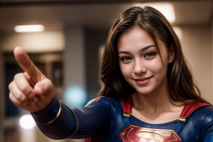 dc movies,photo of a 18 year old girl,supergirl,pointing at viewer,happy,laughing,ray tracing,detail shadow,shot on fujifilm x-t...