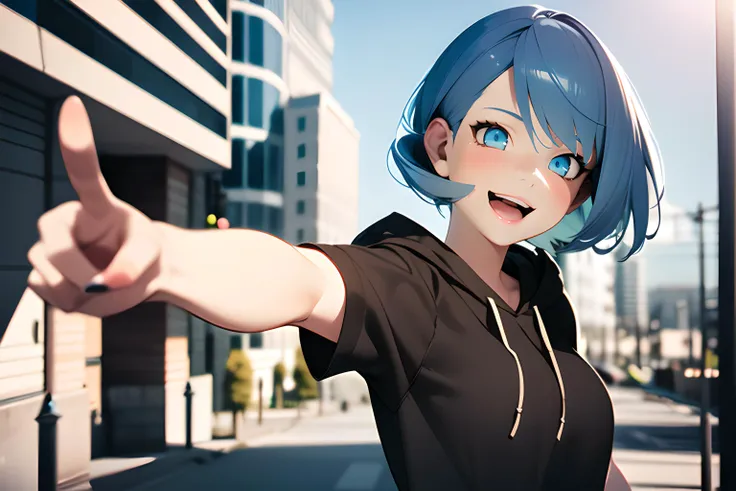 1girl, (3d render:1.3), pointing at viewer, short hair, blue hair, blue eyes, black hoodie, short sleeves, open mouth, smile, ou...