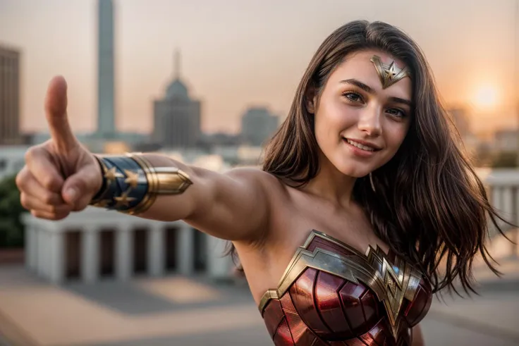 dc movies,photo of a 18 year old girl,wonder woman,pointing at viewer,happy,ray tracing,detail shadow,shot on fujifilm x-t4,85mm...