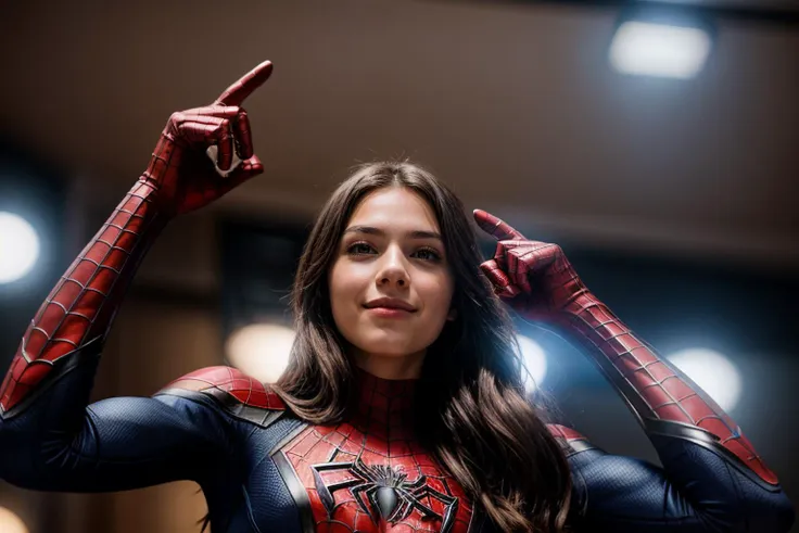 marvel movies,from below,photo of a 18 year old girl,spiderman,pointing at viewer,happy,ray tracing,detail shadow,shot on fujifi...