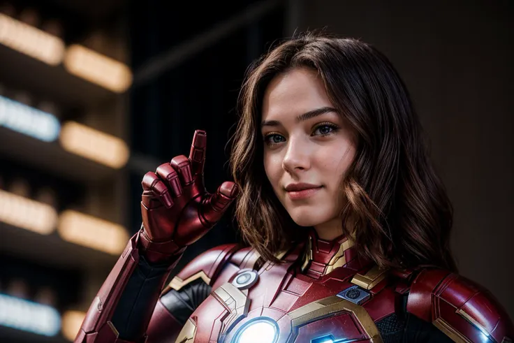 marvel movies,from below,photo of a 18 year old girl,ironman,pointing at viewer,happy,ray tracing,detail shadow,shot on fujifilm...