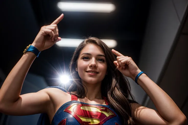 dc movies,from below,photo of a 18 year old girl,supergirl,pointing at viewer,happy,ray tracing,detail shadow,shot on fujifilm x...