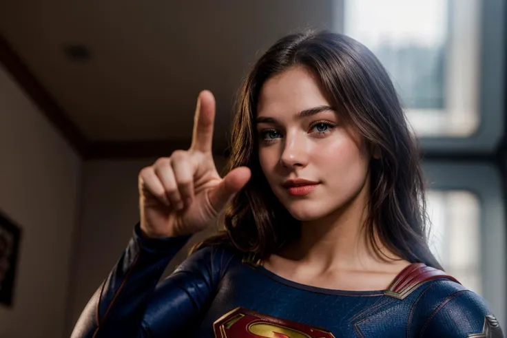 dc movies,from below,photo of a 18 year old girl,supergirl,pointing at viewer,happy,ray tracing,detail shadow,shot on fujifilm x...