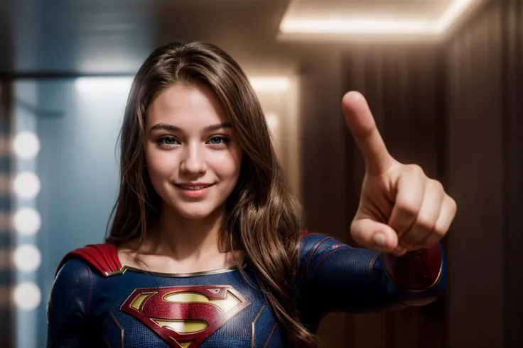 dc movies,photo of a 18 year old girl,supergirl,pointing at viewer,happy,laughing,ray tracing,detail shadow,shot on fujifilm x-t...