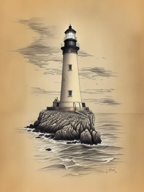 a close up of a drawing of a lighthouse on a rock