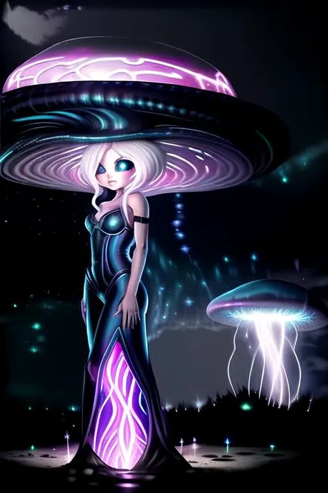 a woman in a black dress standing in front of a large alien spaceship