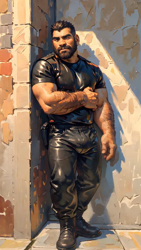 ASCIIMasterpiece, 8k, hd, absurdres, bara, (beautiful man, hairy, dark, dressed in leather, bulging pants, leaning against wall), (oil painting)