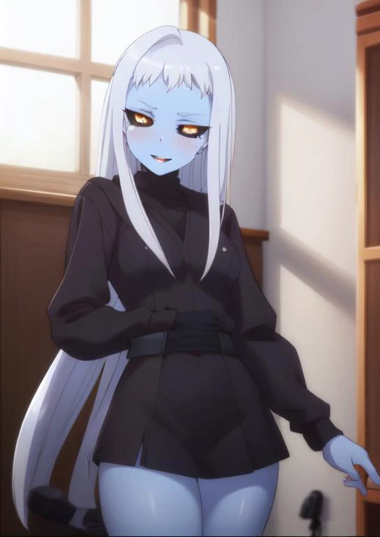 (masterpiece, best quality:1.2), extremely detailed, soft ambient lighting, sharp focus, 4K, BREAK <lora:lala-monmusu:0.9>, lala, monster musume, 1girl, solo, blue skin, black sclera, black scar, black dress, BREAK looking at viewer, giggling, blush