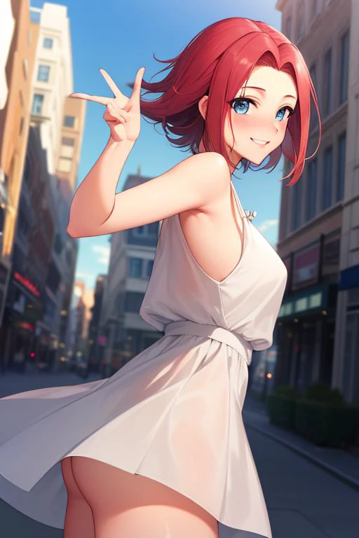 (masterpiece, best quality:1.2), <lora:kallentest:1>, kallen stadtfeld, blue eyes, red hair, short hair, sundress, cowboy shot, dynamic angle, solo, 1girl, smile, blushing, looking at viewer, city street, daylight, dynamic pose,