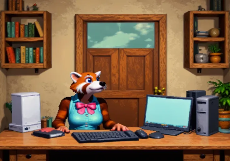 score_9, score_8_up, score_7_up, score_6_up, score_5_up, source_furry, <lora:Donkey_Kong_Country:1.5> dkcstyle, pixel art
, solo, office, computer, table, standing, red panda, anthro, female, fedora, pink ribbon, brown hair, blue eyes