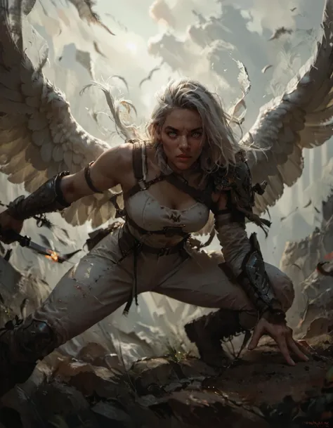 a woman with wings and a sword in a rocky area