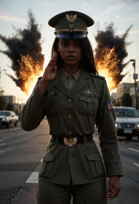 1girl, african woman, dark skin, solo, medium breasts, muscular, army uniform, hat, salute, long black hair,
scenery, outdoors, ...