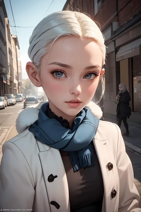 a woman with white hair and blue eyes standing on a street