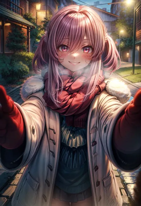 anime girl with pink hair and a scarf holding her hands out