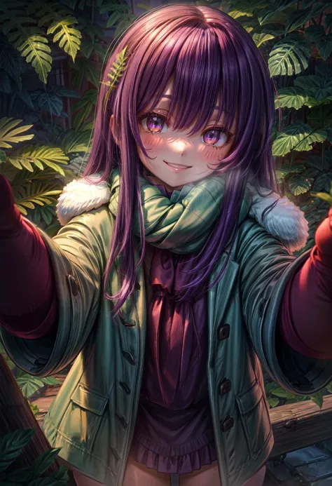 anime girl with purple hair and green jacket holding up a cell phone