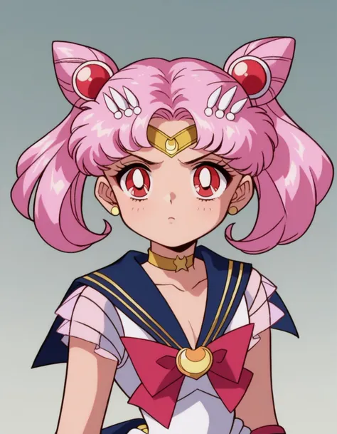 sailor girl with pink hair and red eyes and a gold necklace