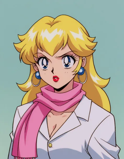 a woman with blonde hair and blue eyes wearing a pink scarf