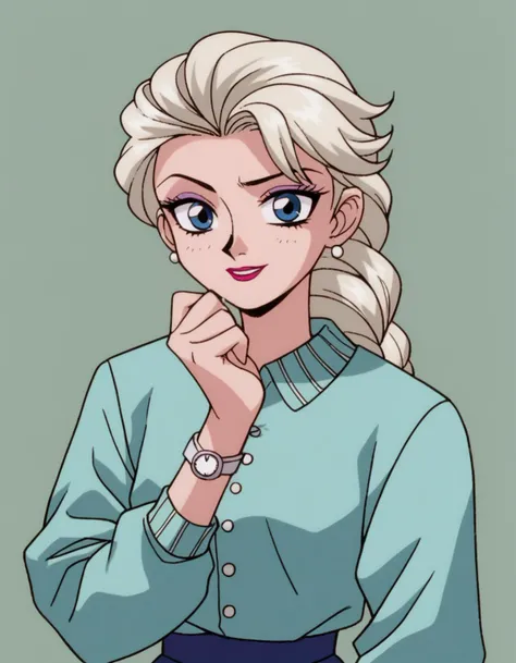 a cartoon drawing of a woman with blonde hair and blue eyes