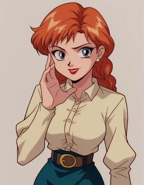 a woman with red hair and a white shirt is posing