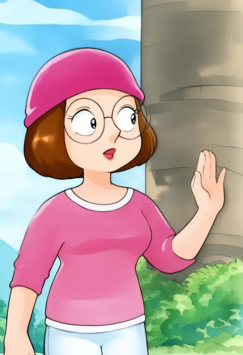 a woman in a pink hat and glasses standing next to a tall tower