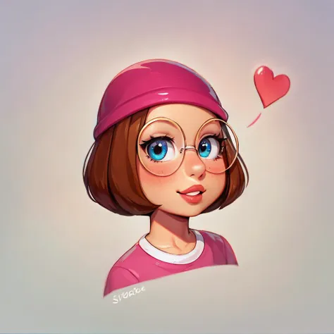 a cartoon girl with glasses and a pink hat with a heart