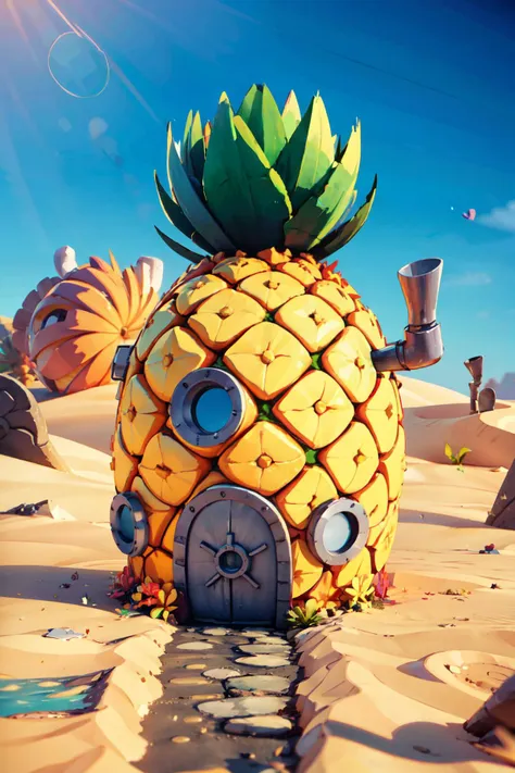 a close up of a pineapple house on a sandy beach