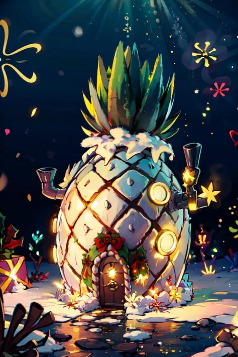 a close up of a pineapple with lights on it in a snowy area