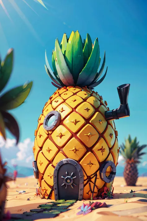 a close up of a pineapple house on a beach