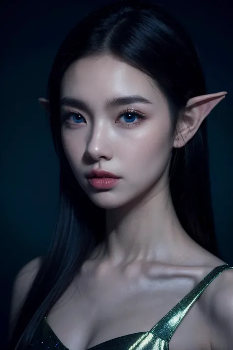 blue humanoid avatar with bioluminescent avatar markings dots and patterns on their skin. Pointed elf ears. avatar like hair, hair colour black, sparkling glowing blue eyes, slightly shimmery iridescent blue skin. female, warrior like, magical and mystical...