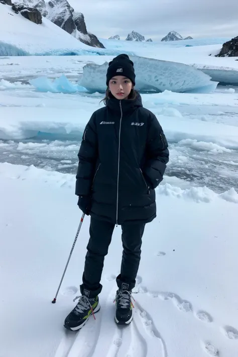 1 girl, whole body, standing in the glacier, behind a big ice