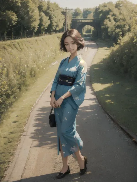 araffe woman in a blue kimono walking down a road