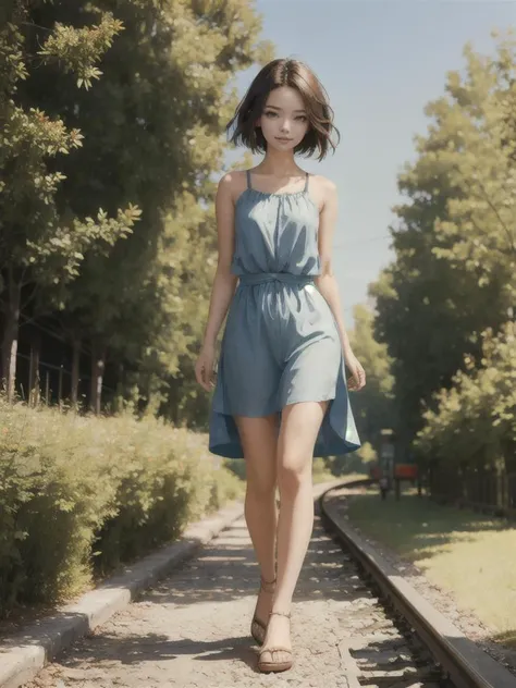 a woman walking down a train track in a blue dress