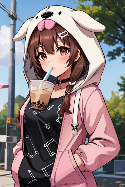 anime girl in a pink hoodie drinking a drink on a street