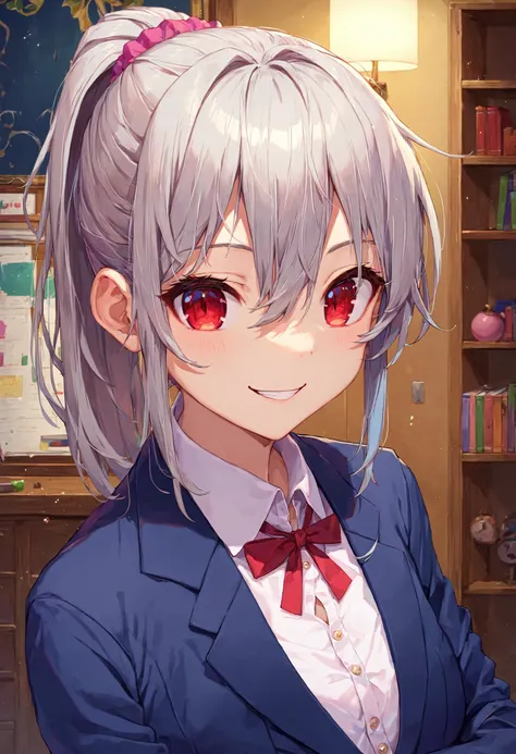 anime girl with long gray hair and red eyes in a library