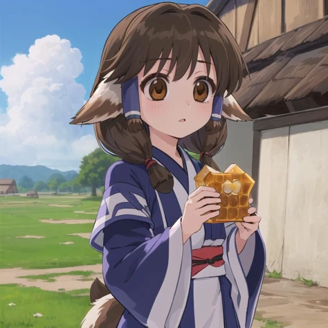 masterpiece,ultra detail,best quality,1girl,1animal,outdoor,petite,cloud,deserted village,aruruu, black hair, animal ears, (brown eyes:1.5), dog ears, <lora:utawarerumono aruruu-lora-nochekaiser:0.7> ainu clothes, long sleeves,holding honeycomb,honey