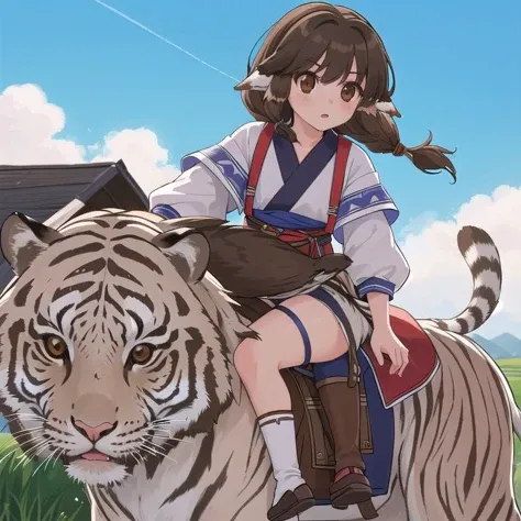 masterpiece,ultra detail,best quality,1girl,1animal,outdoor,strong wind,cloud,deserted village,aruruu, black hair, animal ears, (brown eyes:1.5), dog ears,
 <lora:utawarerumono aruruu-lora-nochekaiser:0.7>tail, ainu clothes, long sleeves,riding on white ti...