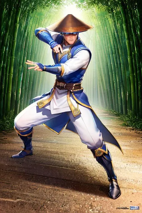 a man in a blue and white outfit is holding a sword