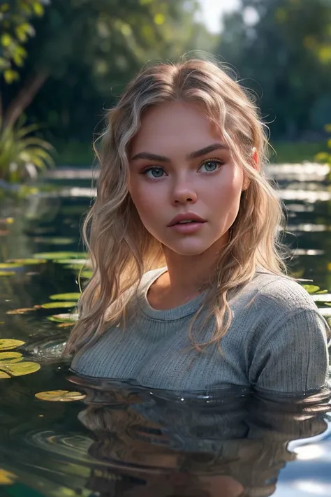 portrait of S234_AmandaFe,a beautiful woman,in a (pond),wearing a (crewneck:1.1),(wet-hair),(8k, RAW photo, best quality, depth of field, ultra high res:1.1),(absurdres, intricate, photorealistic, masterpiece, ultra-detailed:1.2),