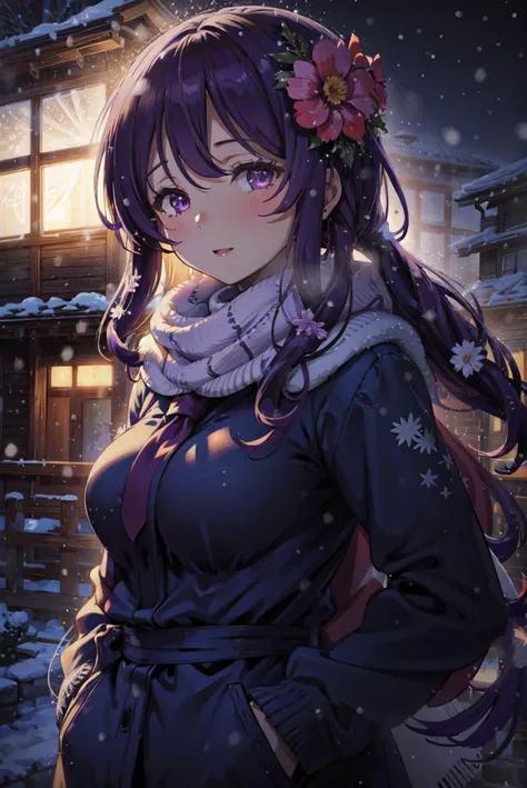 detailed illustration, close up, of a mature woman, pretty face, medium breasts,yukari kadenokouji, halo, very long hair, purple hair, hair flower, winter clothes, scarf, hands in pocket, outside, night, cityscape, snowing, cinematic lighting, hires, volum...