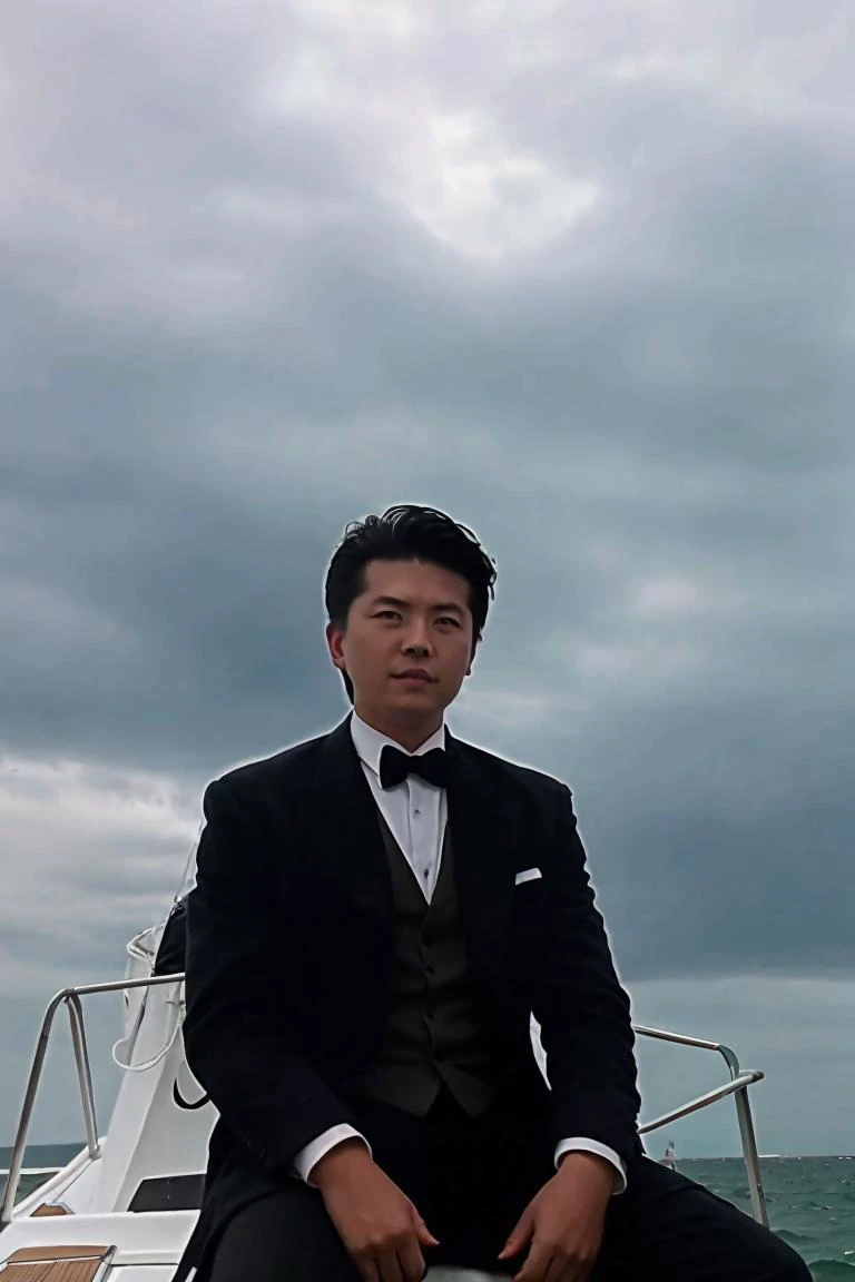 1men,Sit on a sailboat,Background sea,Dark clouds,stormy weather,black suit, looking at viewer, <lora:wangxiao:0.8>