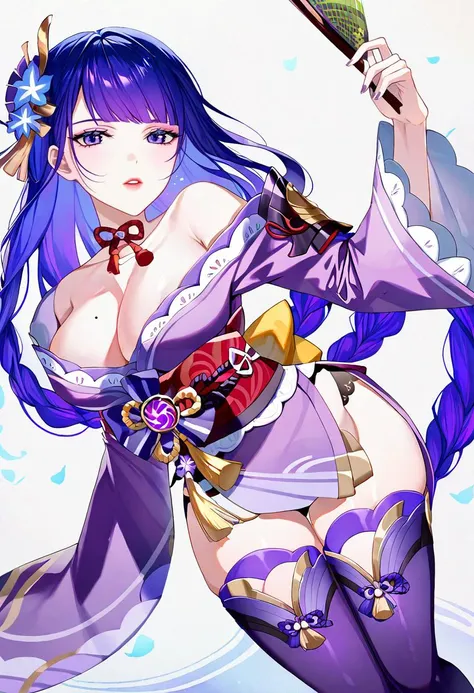 raiden_shogun, (genshin impact), parted lips, detailed face, detailed eyes, detailed hair, breasts,
break
close up,
break
purple kimono, purple dress, purple thighhighs, nail polish, long sleeves, obi,  tassel, pelvic curtain, wide sleeves, purple nails, f...