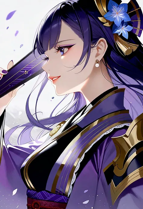 by rella, by dsmile9, <lora:Rella:0,1>, 
break
raiden_shogun, (genshin impact), solo, super model, detailed face, parted lips, purple eyes, purple hair, detailed hair, bangs, original,
break
(close up:1.2),
break
purple kimono, purple dress, purple thighhi...