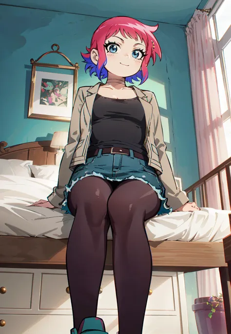 anime girl sitting on a bed with her legs crossed