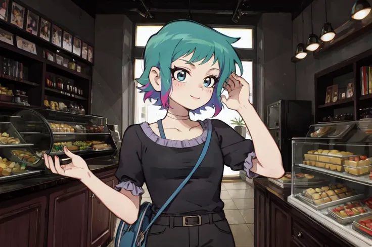 anime girl in a bakery with a blue hair and a blue purse