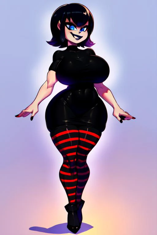 msaterpiece, best quality,
 <lora:TheBoogie:0.8>, busty, curvy, large breasts, 1girl, solo,     <lora:hoteltransylvania_mavisdracula:0.6> , mavis dracula, 1girl, solo, breasts, smile, black hair, blue eyes, makeup, full body, black lips, nail polish, vampi...