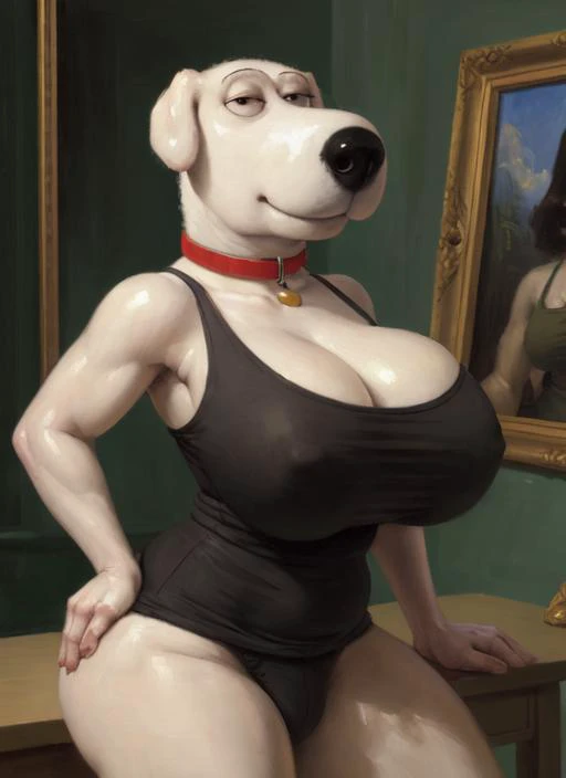 masterpiece, best quality, e621, explicit, solo photoshoot pinup, chocovenus, (brian_griffin), dog, red collar, thick thighs, huge breasts, (red tank top), big bulge, detailed, detailed eyes, simple eyes, looking at viewer, beautiful, impasto impressionism...