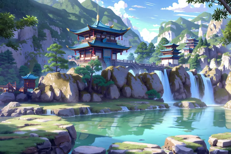 anime scenery of a waterfall and pagodas in a mountainous area